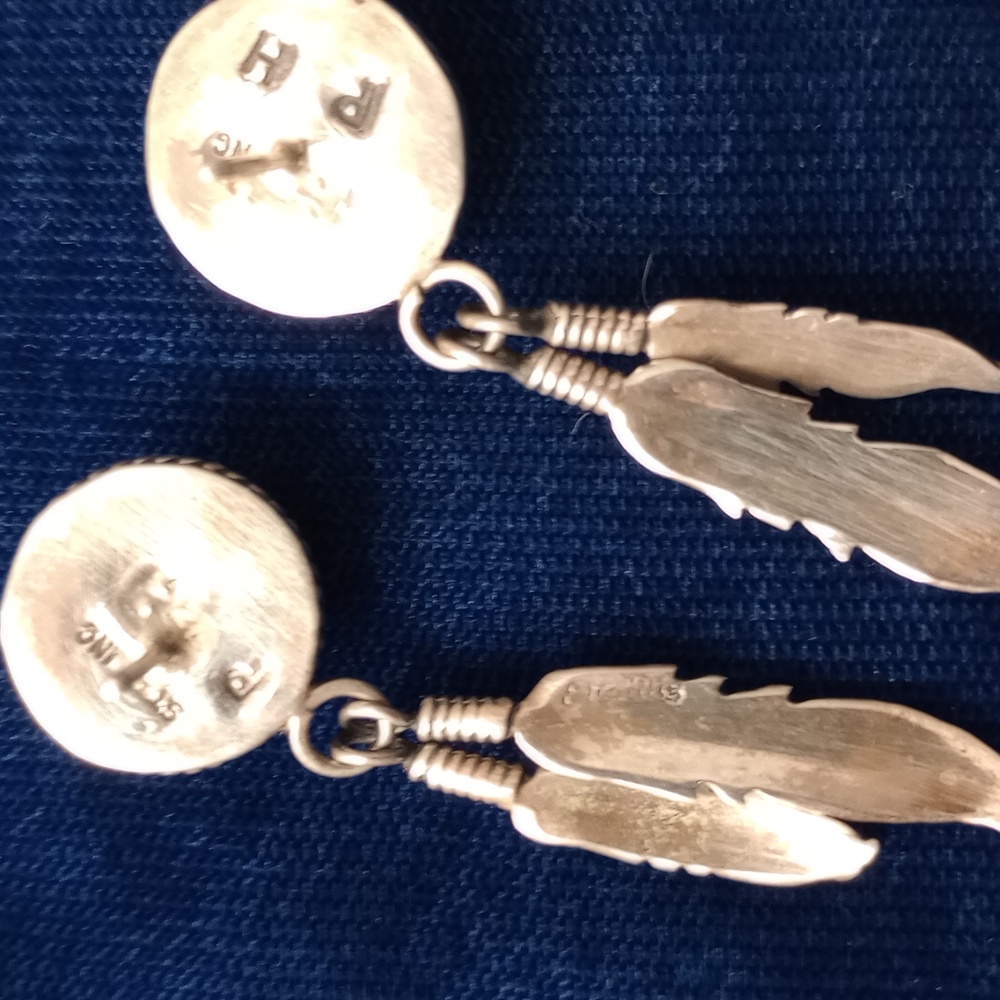 Sterling Silver Feather Earrings with SunFace Multicolor Inlay Studs Signed PH - Picture 6 of 15